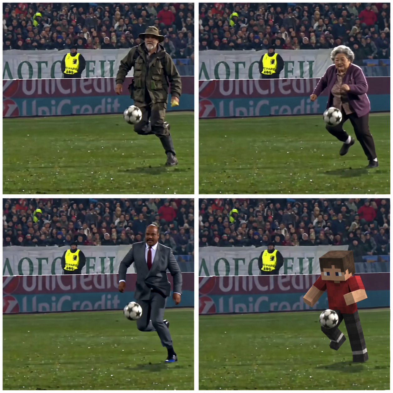 Four football character previews: a gray-haired woman, a fisherman, a suited character and a block-style character.