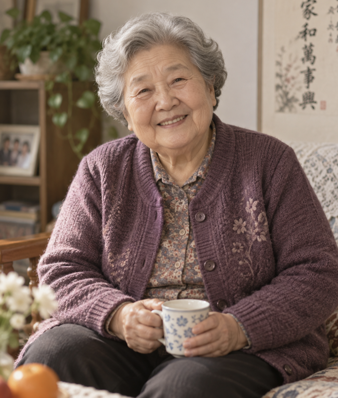 Input portrait of the gray-haired woman wearing a purple cardigan