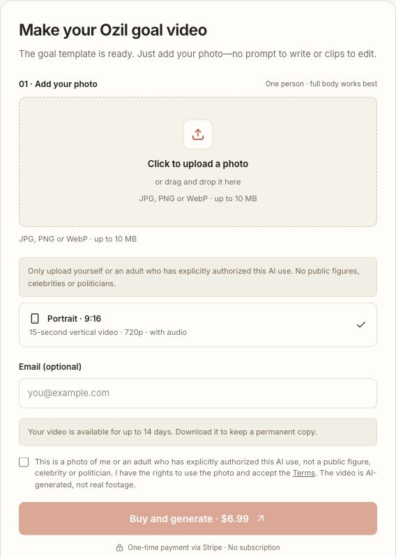 The live Ozil Goal AI form with a full-card photo upload area, optional email field, permission checkbox and one-time $6.99 payment button.